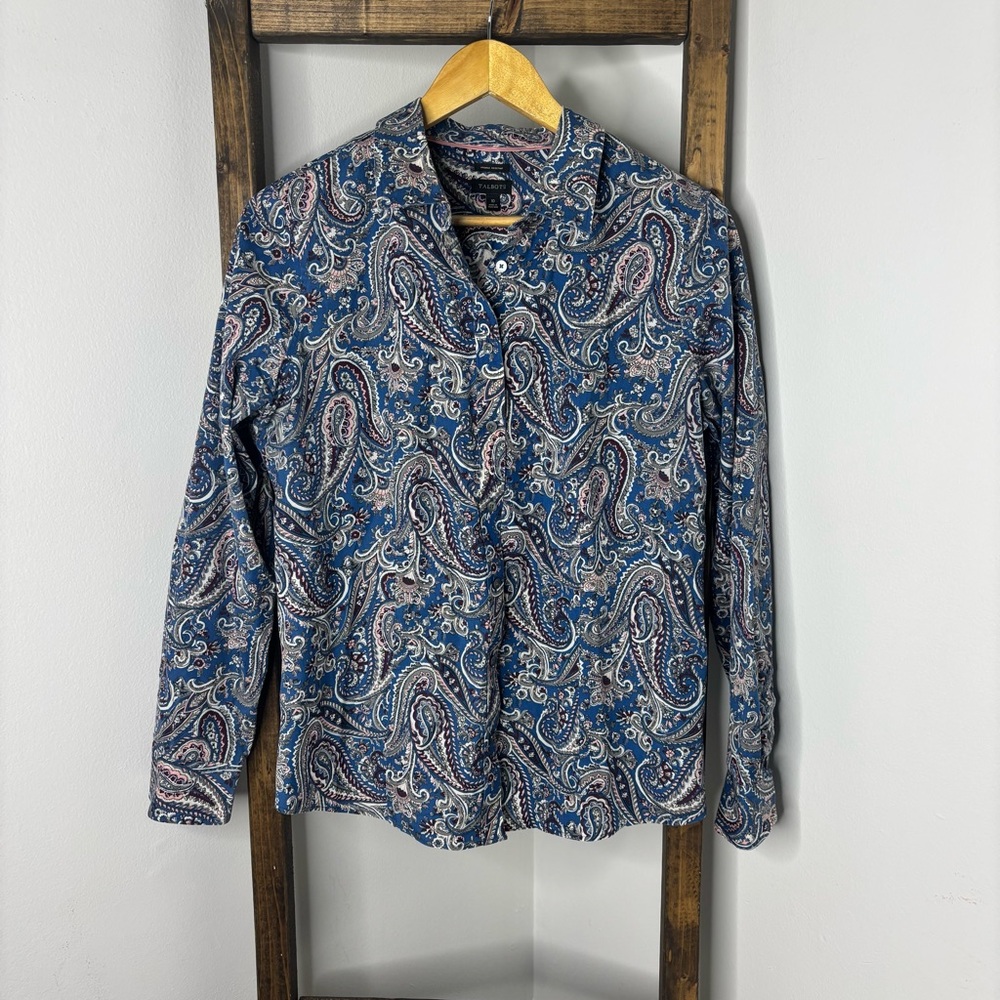 Talbots Navy Paisley Button-Up Blouse Size 10